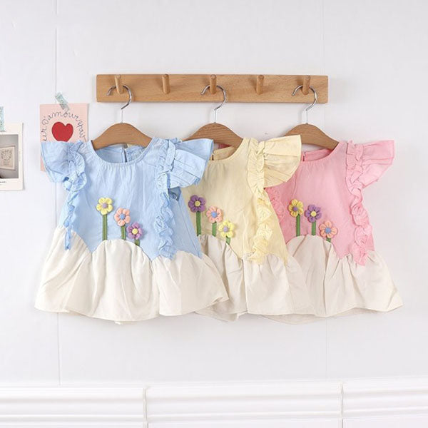Three-Flower Long Tee Korean toddler t-shirt in sky blue made in Korea