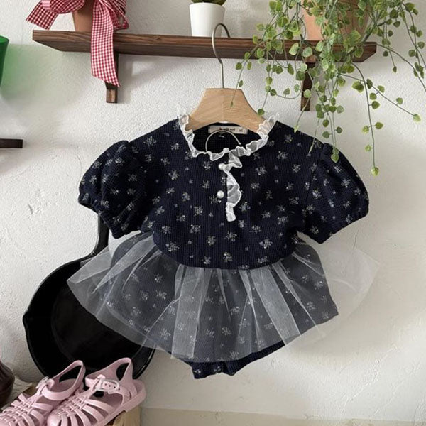 Floral Waffle Tulle Set Korean toddler set in navy made in Korea