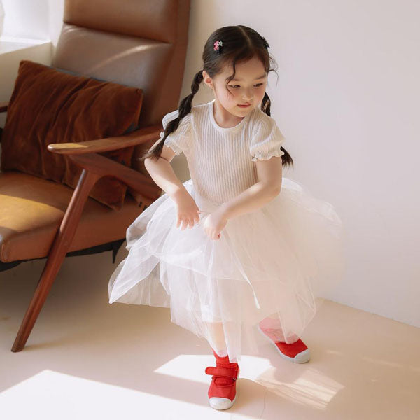 Eyelet Mesh Dress + Ribbon Korean toddler dress in pink made in Korea