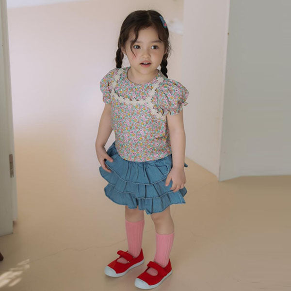 Denim Tiered Skirt + Inner Shorts Korean toddler skirt in light denim made in Korea