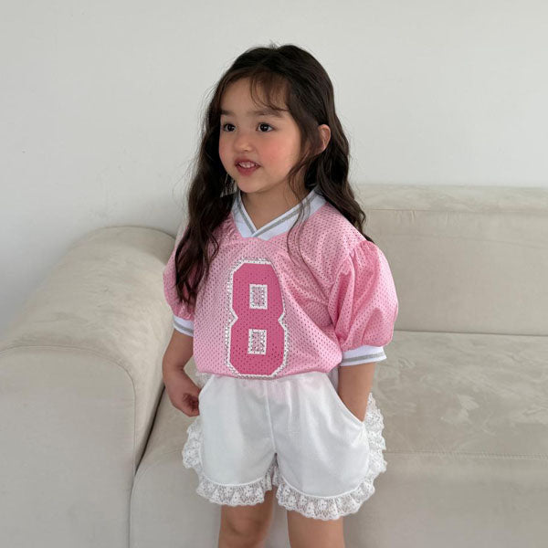 Mesh Puff V-Neck Tee Korean toddler t-shirt in pink made in Korea