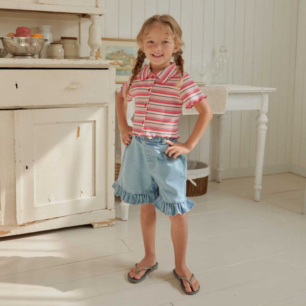 Ruffle 5-Length Denim Pants Korean toddler pants in medium blue made in Korea
