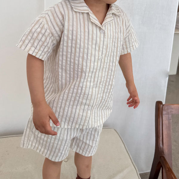 Stripe Open Shirt Set-Up Korean toddler set in beige made in Korea