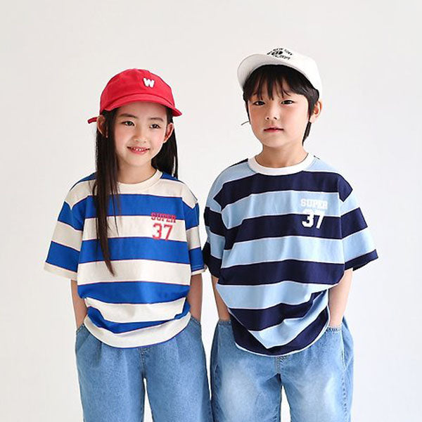 Super Stripe Tee Korean toddler t-shirt in cream cobalt made in Korea