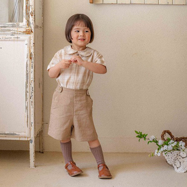 Bebe Oliver Check Top & Bottom Set Korean infant set in brown check-blue made in Korea