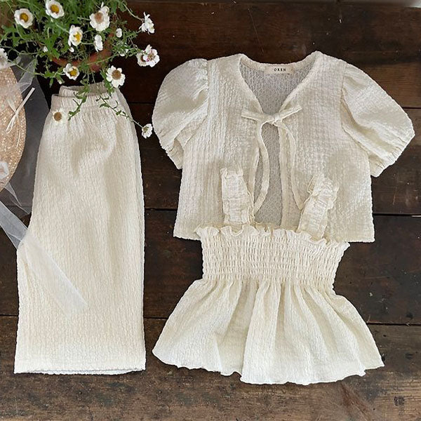 Mom Vienna 3-Piece Top & Bottom Set Korean kids set in cream made in Korea