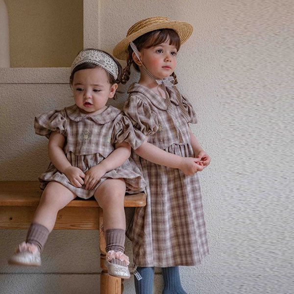 Kids Deux Embroidered Check Dress Korean toddler dress in pink check made in Korea