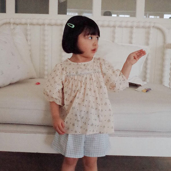 Print Me Blouse Korean toddler blouse in beige floral made in Korea