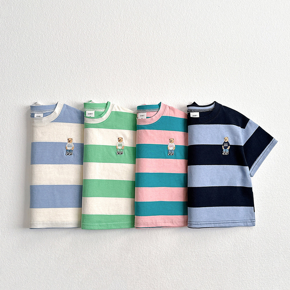 Big Stripe Bear Embroidered Short Sleeve Tee Korean toddler t-shirt in navy-sky blue made in Korea