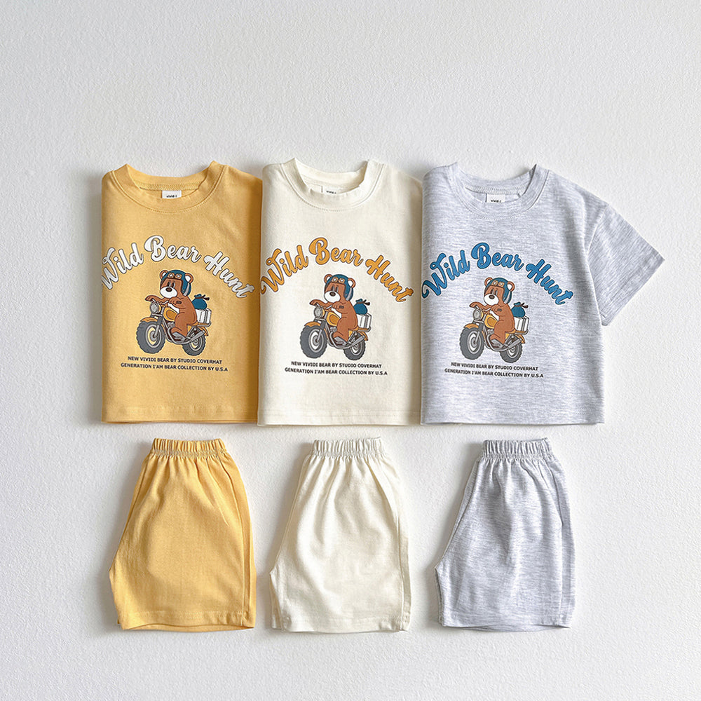 Bike Bear Top & Bottom Set Korean toddler set in light heather made in Korea