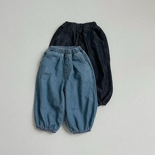 Stitch Denim Joggers Korean toddler pants in medium blue made in Korea