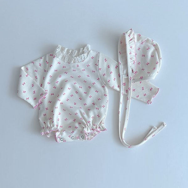Waffle Lace Bodysuit Korean infant bodysuit in strawberry made in Korea