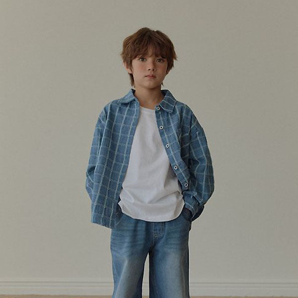 Denim Check Shirt Korean toddler shirt in medium blue made in Korea