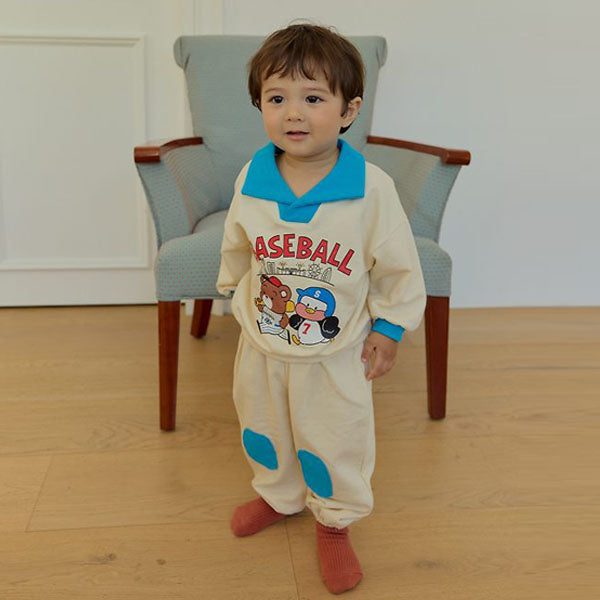 Bebe Collar Knee-Patch Top & Bottom Set Korean infant set in cream made in Korea