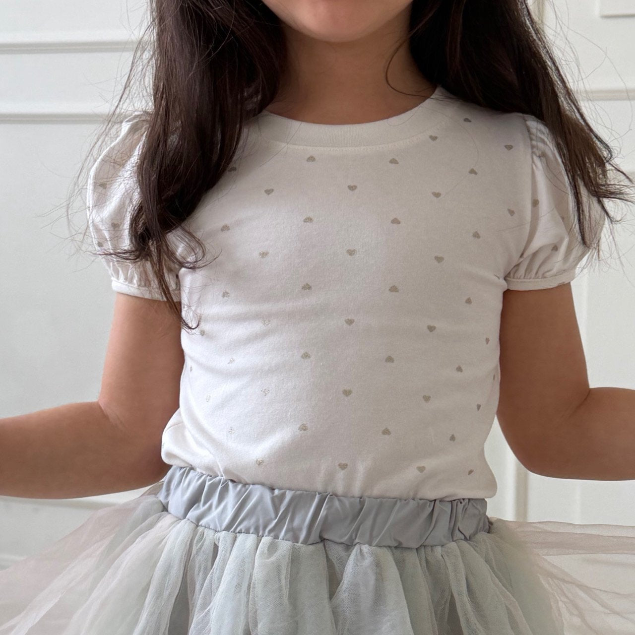 Heart Glitter Tee Korean toddler blouse in ivory made in Korea