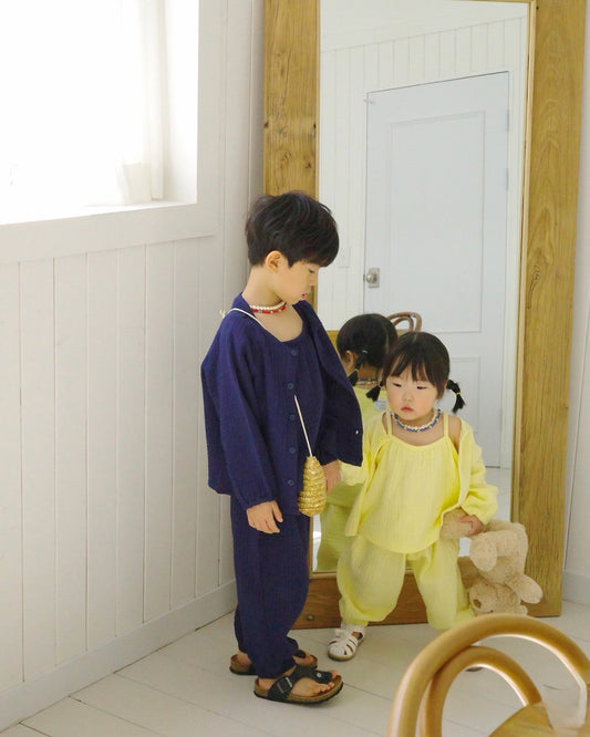 Crinkle Cardigan Korean toddler sweater in lemon made in Korea