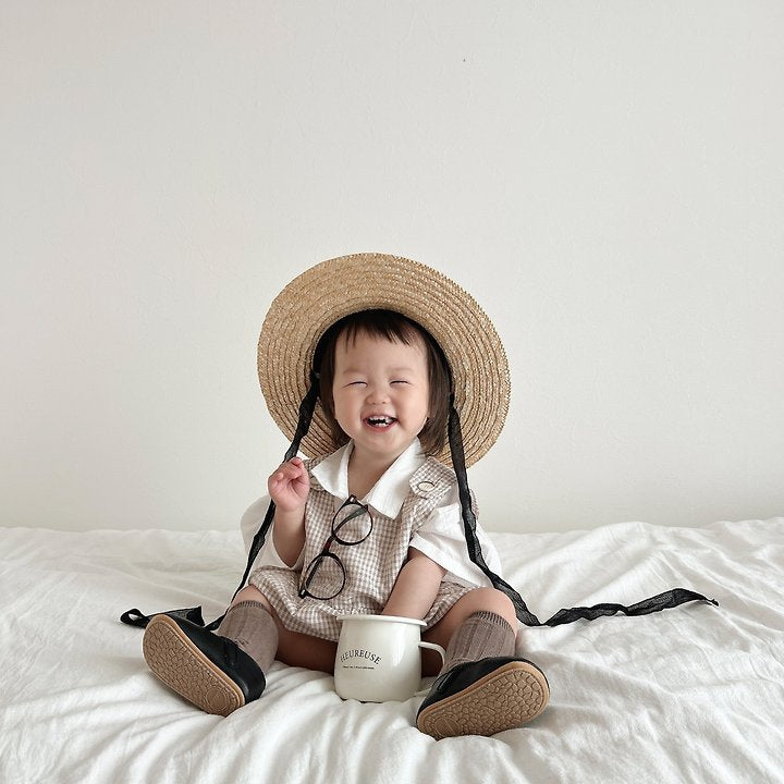 Ola Check Bodysuit Korean infant bodysuit in khaki made in Korea
