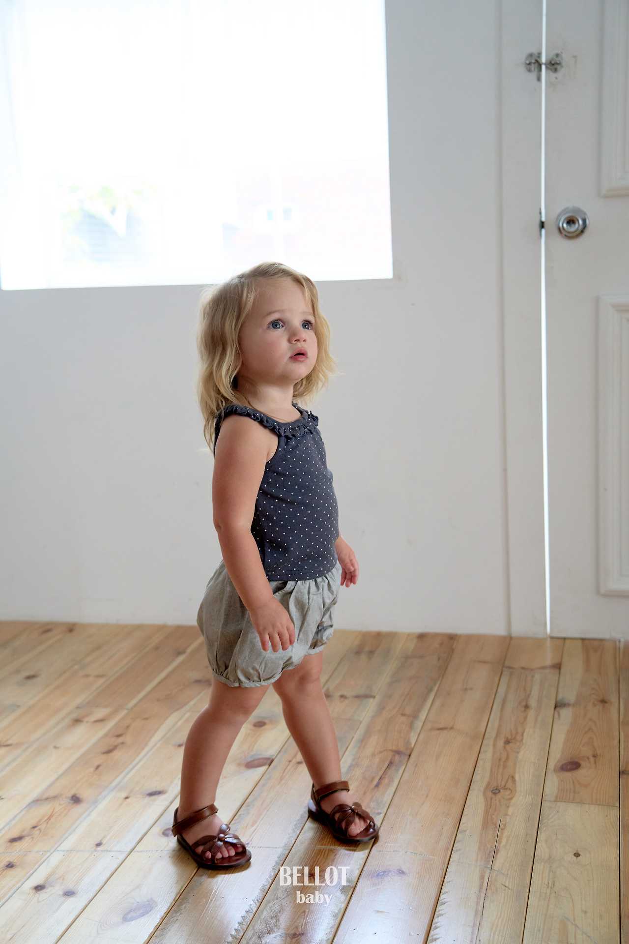 Bebe Dotty Ruffle Tank Top Korean infant tank top in gray made in Korea