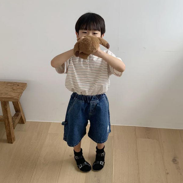 Wide Mid-Length Loop Denim Pants Korean toddler pants in medium blue made in Korea
