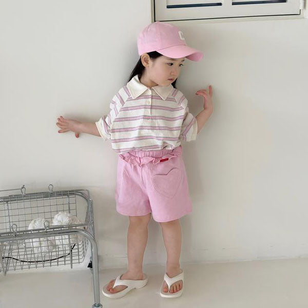 Pompom Stripe Collar Tee Korean toddler t-shirt in stripe(cream and pink) made in Korea