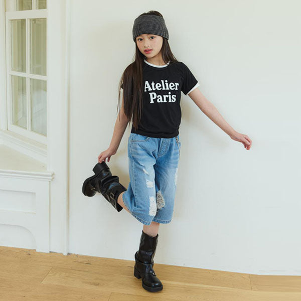 P02 Distressed Bermuda Pants - Mid-Wash Denim Korean toddler pants in medium blue made in Korea