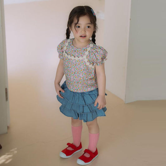 Denim Tiered Skirt + Inner Shorts Korean toddler skirt in light denim made in Korea