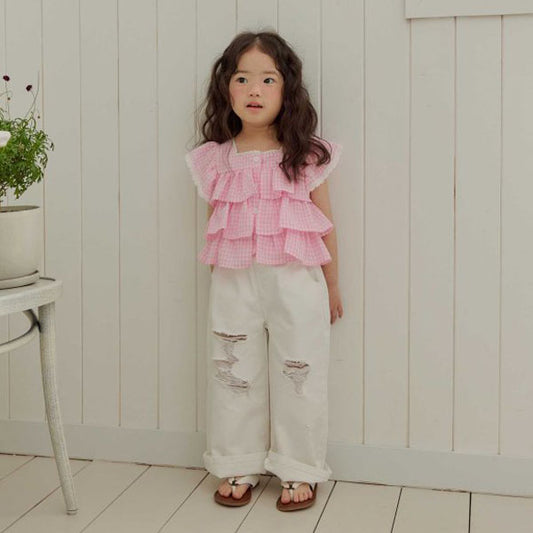 Folded Distressed Denim Pants - Kids Korean toddler pants in ivory made in Korea