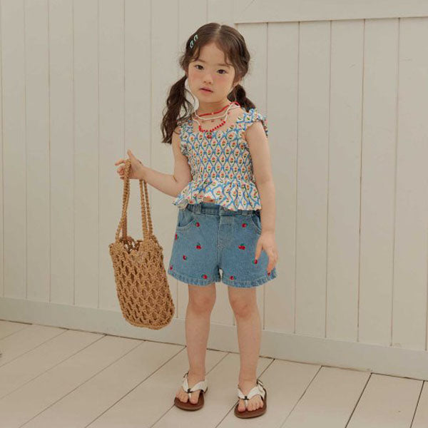 Mini Cherry Shorts Korean toddler shorts in medium blue made in Korea