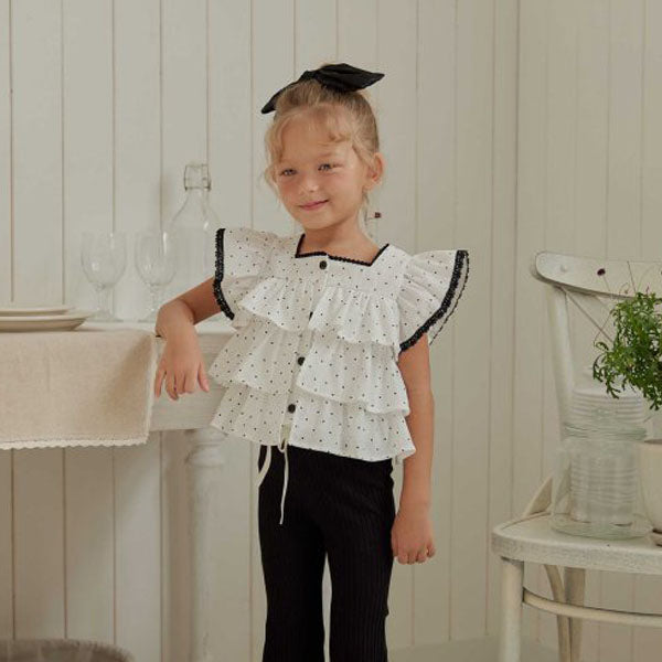 Polka Dot Tiered Sleeveless Blouse Korean toddler blouse in ivory polka dot made in Korea