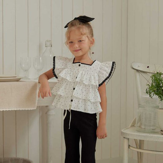Polka Dot Tiered Sleeveless Blouse Korean toddler blouse in ivory polka dot made in Korea