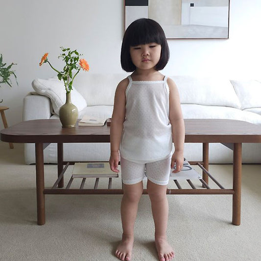 Eyelet Mesh Spaghetti Strap Loungewear Korean toddler loungewear in white made in Korea