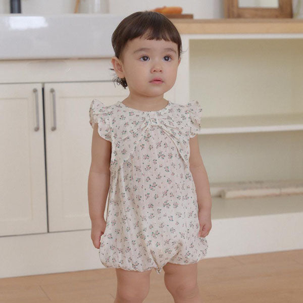 B Ruffle Ribbon Bodysuit Korean infant bodysuit in pink floral made in Korea