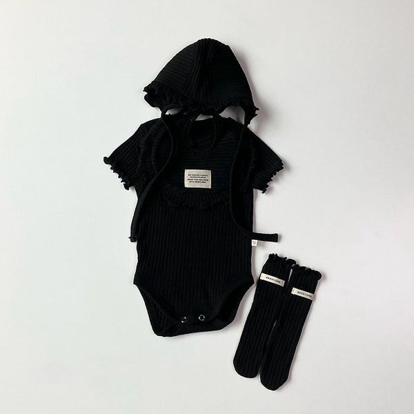 Black Ruffle Short Sleeve Bodysuit Korean infant bodysuit in black made in Korea