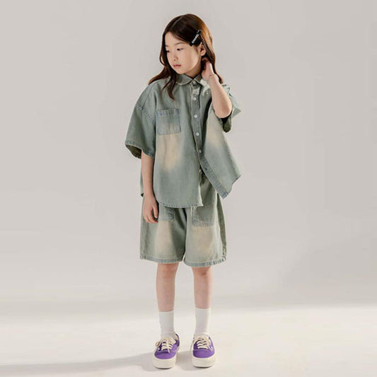 Brushed Denim Shorts Korean toddler shorts in medium blue made in Korea