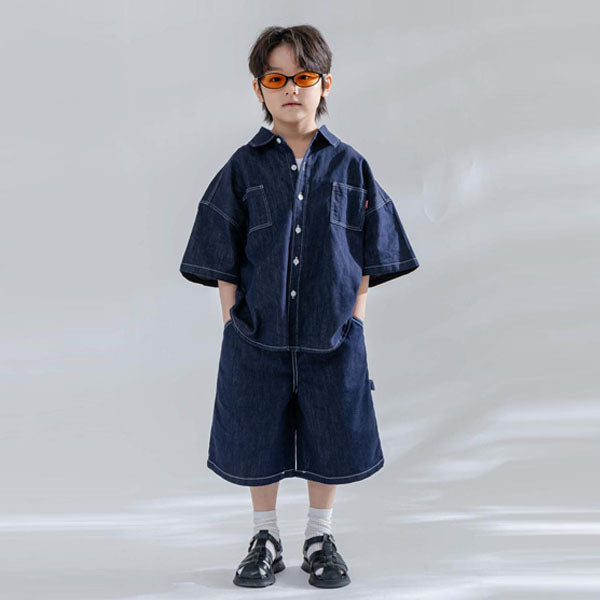 Non-Fade Bermuda Pants Korean toddler pants in blue denim made in Korea