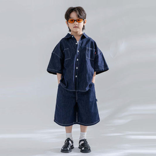 Non-Fade Bermuda Pants Korean toddler pants in blue denim made in Korea
