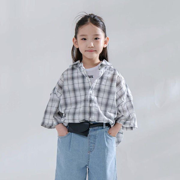Dyed Check Short Sleeve Shirt Korean toddler shirt in white made in Korea