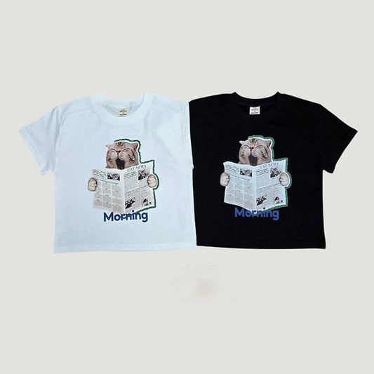 Cat Morning Tee Korean toddler t-shirt in ivory made in Korea