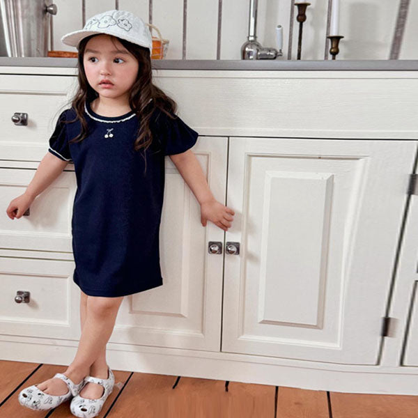 Cherry Puff Dress Korean toddler dress in navy made in Korea