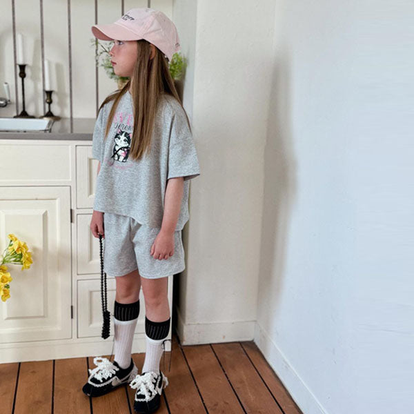 Sweet Cat Set-Up Korean toddler set in heather made in Korea