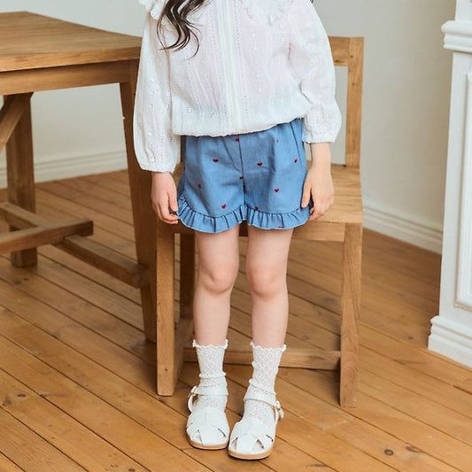 Ruffle Shorts Korean toddler shorts in denim-ivory made in Korea