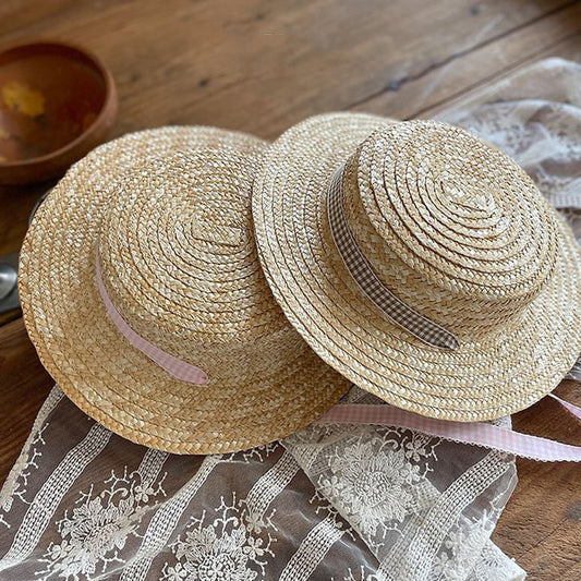 Florence Flat Ribbon Straw Hat Korean toddler accessory in light beige brown gingham check tape made in Korea