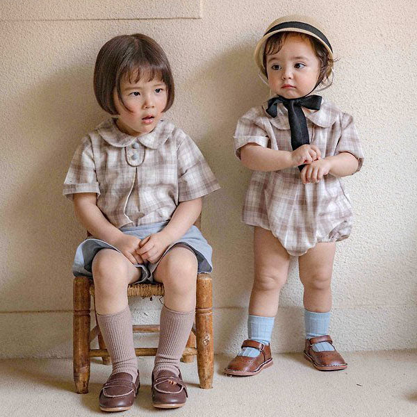Oliver Check Bodysuit Korean infant bodysuit in brown check-blue made in Korea