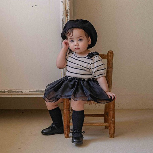 Bebe Claire Stripe Tulle Bodysuit Korean infant bodysuit in oatmeal-navy stripe made in Korea