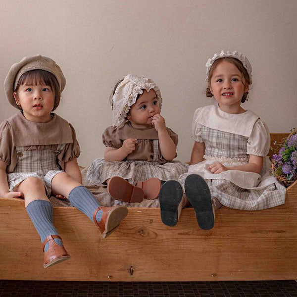 Bebe Blair Overall Skirt Bloomer Korean infant overall in ivory base-brown check made in Korea