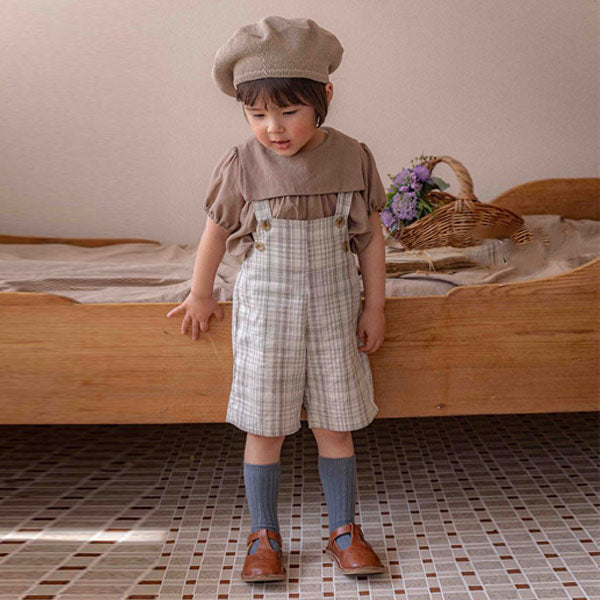 Kids Blair Overall Pants Korean toddler overall in ivory base-brown check made in Korea