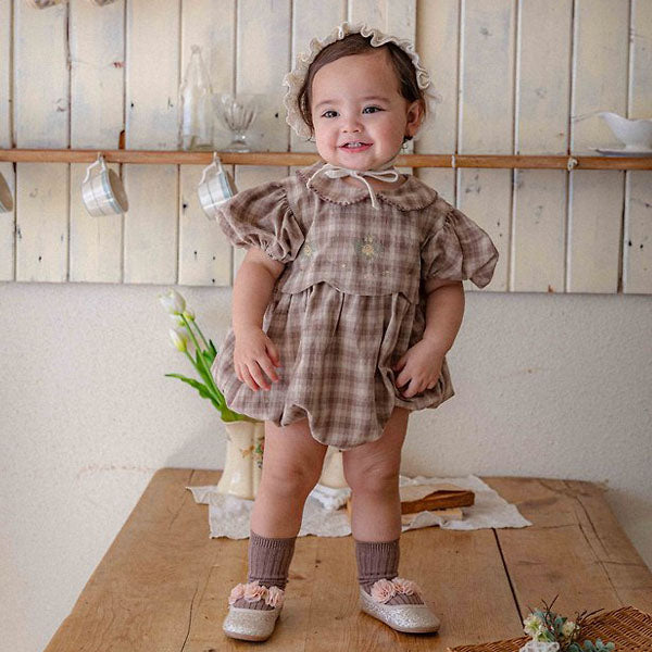 Bebe Deux Embroidered Check Bodysuit Korean infant bodysuit in pink check made in Korea