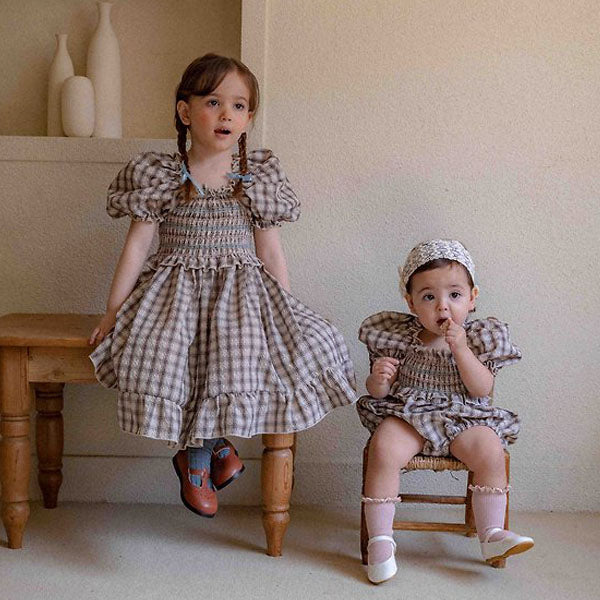 Kids Noe Smocked Dress Korean toddler dress in brown check made in Korea