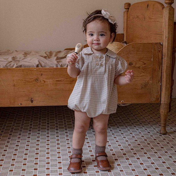 Noah Double Bodysuit Korean infant bodysuit in beige check-deep beige contrast made in Korea