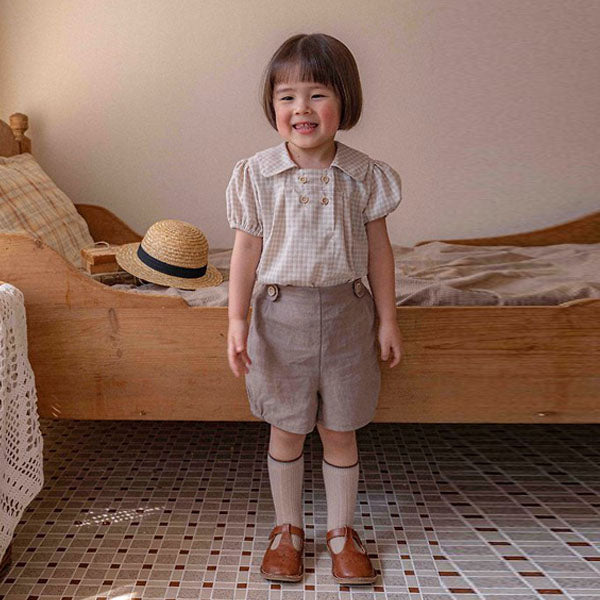 Bebe Noah Double-Button Top & Bottom Set Korean infant set in beige check-deep beige contrast made in Korea